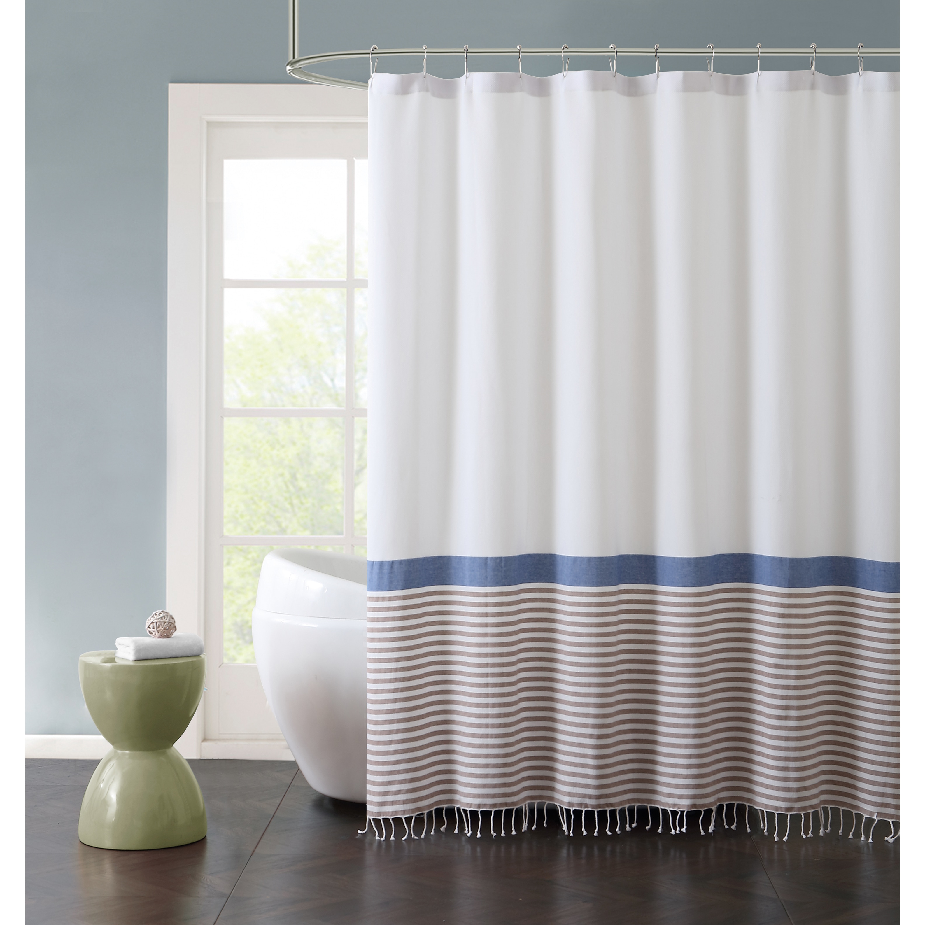 72" French Country Ticking Stripe Pool Blue-Green Fabric Shower Curtain